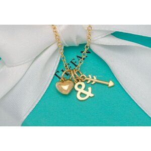 Tiffany & Co 18k Gold Necklace Rare "Heart & Arrow" 3-Charm Pendant on 16" Chain